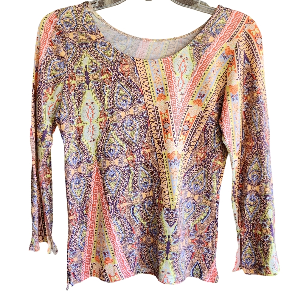 CG Designs Vintage Boho Scoop Neck Top. Vibrant Colors. Women's Small.